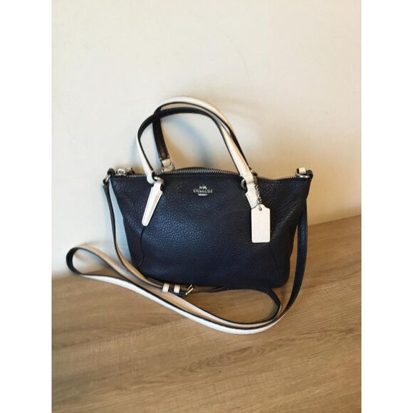Coach Handbags - Coach Mini Kelsey Satchel Crossbody in Navy Pebbled Leather, White trim F59853